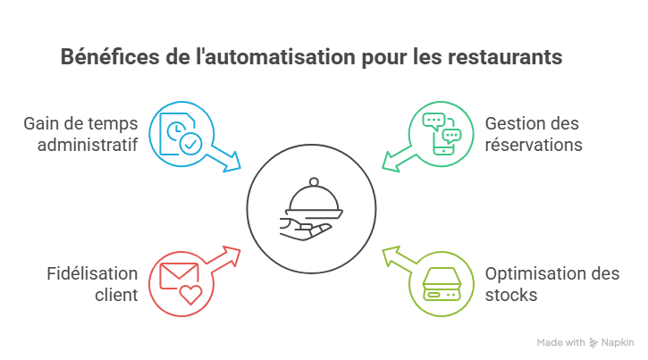 schéma montrant les bénéfices des solutions d'automatisation basées sur de l'IA dans un restaurant.